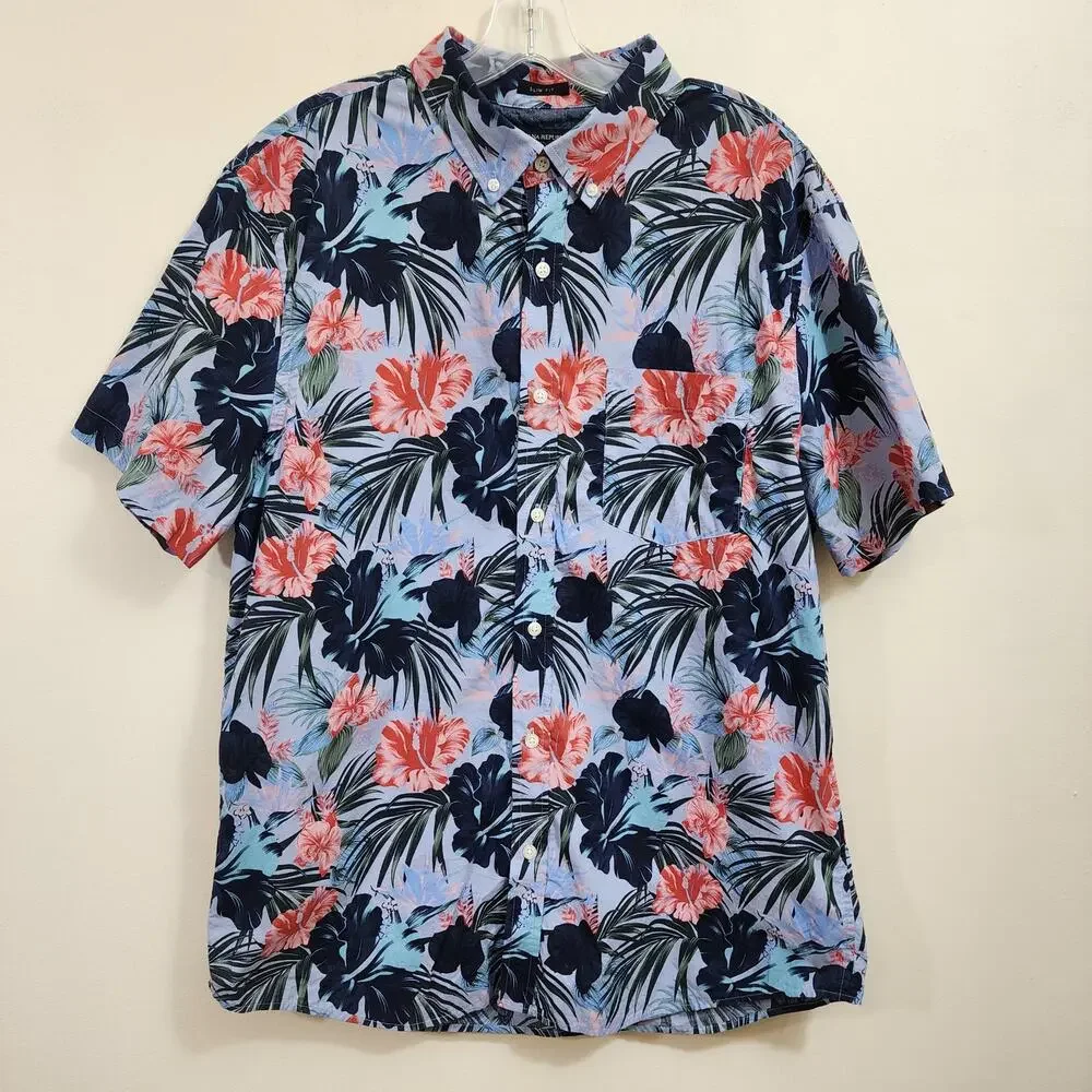 Banana Republic factory organic cotton hibiscus print Hawaiian shirt men sz XL